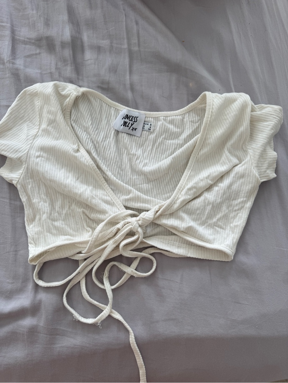 Princess Polly Cream Ribbed Tie-Front Crop Top with Short Sleeves